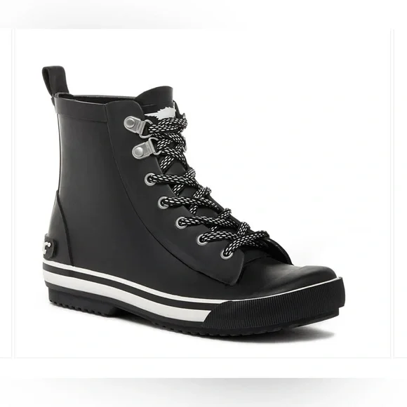 ROCKET DOG Black Rubber Rain Boots Womens Hi Tops Lace Up #1027 - Picture 1 of 9